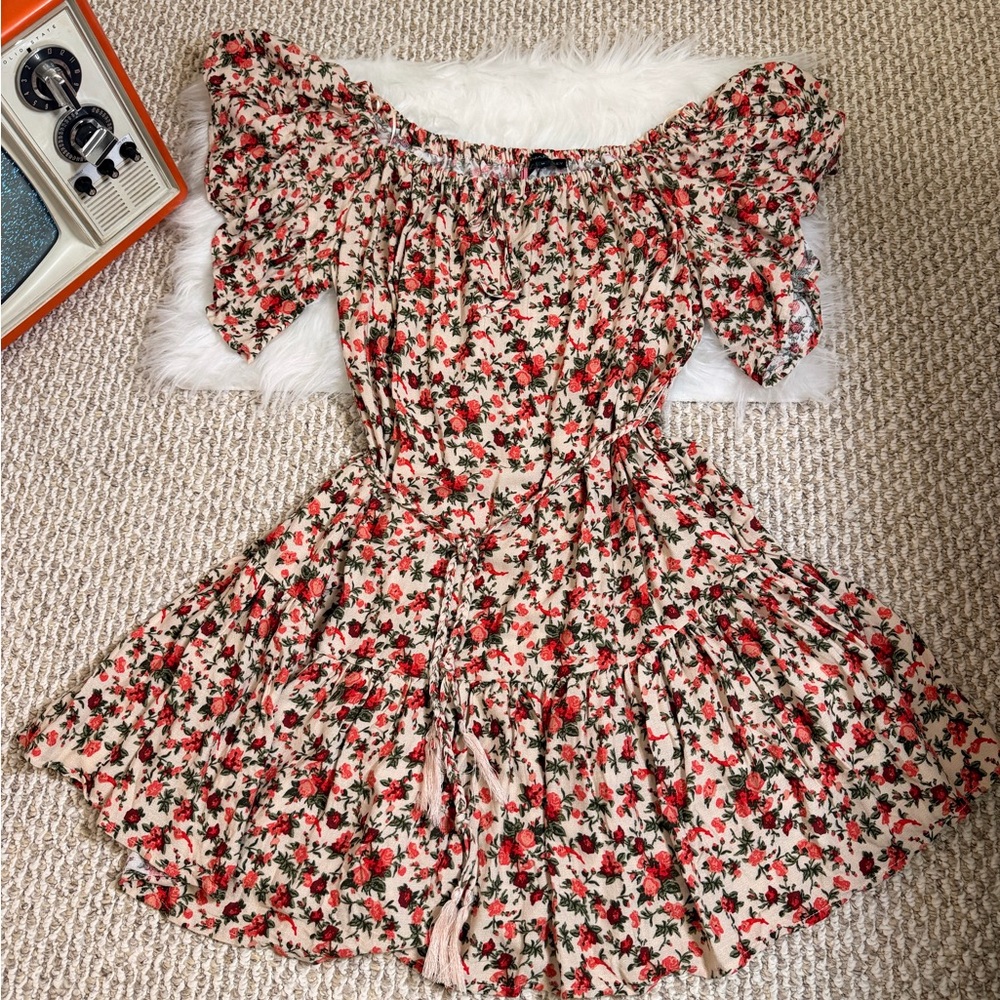 Cynthia Rowley Floral Off-Shoulder Mini Dress Ruffle Hem Flutter Sleeve